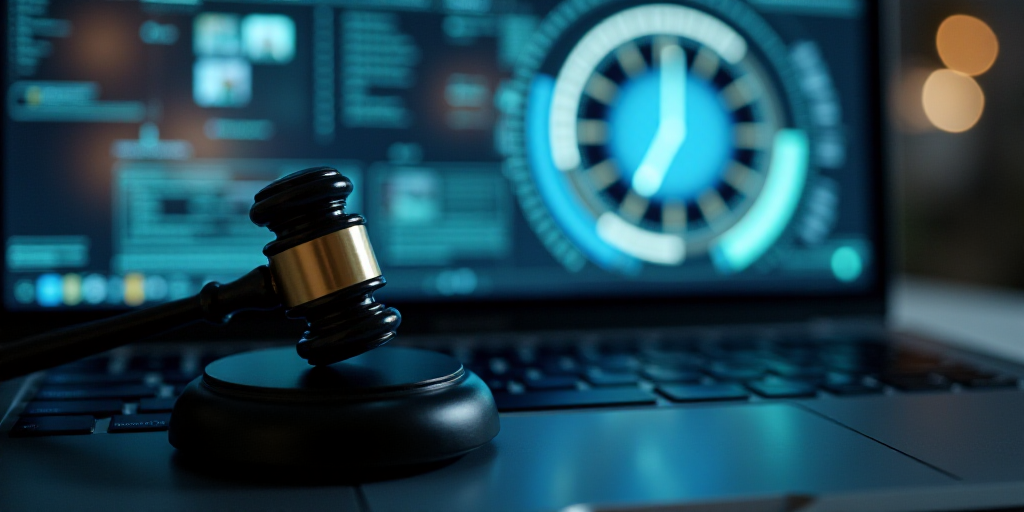 a computer keyboard with a judge's hammer on top of it and a digital background of a clock, Ai-Mitsu