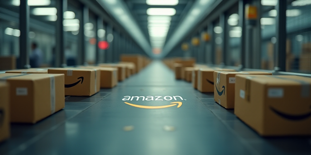 a conveyor belt with boxes and amazon logo on it and a conveyor belt with boxes on it, Andries Stock