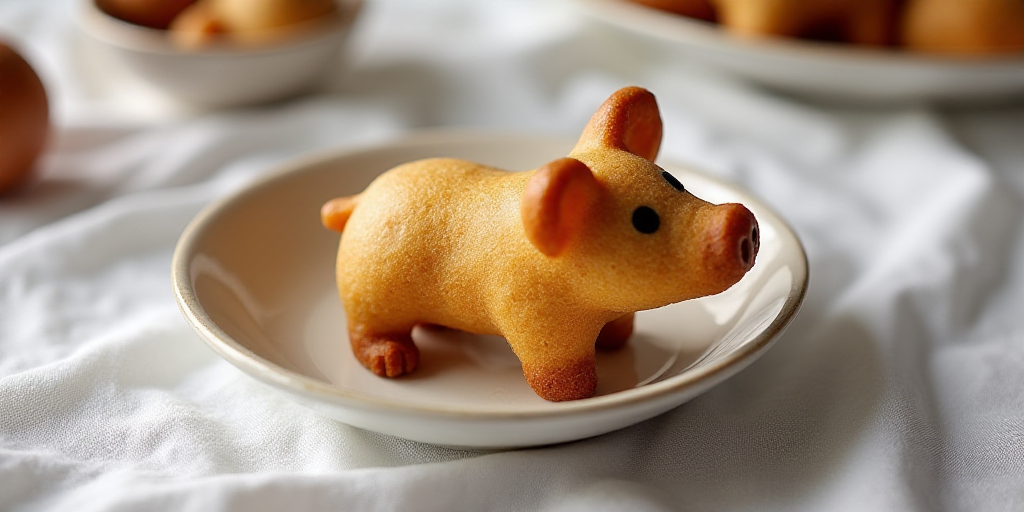 a cookie shaped like a pig in a bowl on a tablecloth background with a white tablecloth and a white
