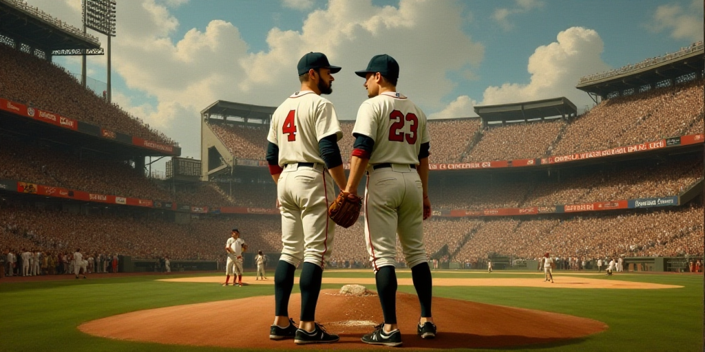 a couple of baseball players standing on top of a field together in front of a crowd of people and f