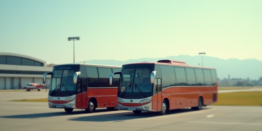 a couple of buses parked next to each other on a runway near a building with a plane on it, Ceferí