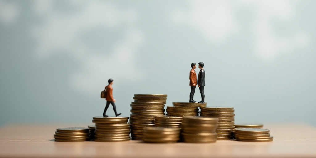 a couple of figurines sitting on top of a pile of coins with a sky background and a gray sky, Allaer