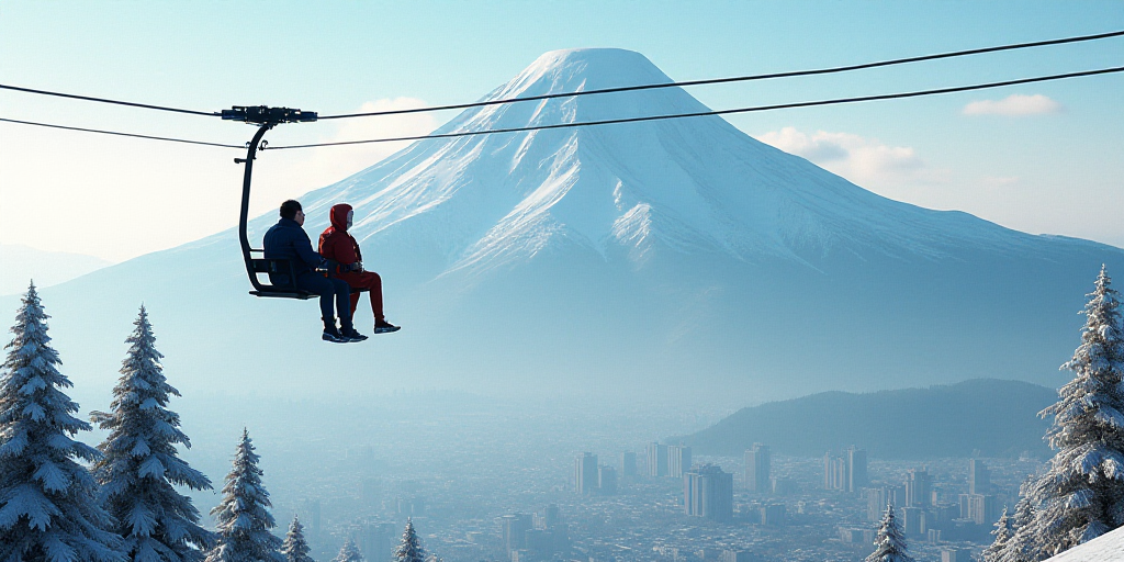 a couple of people riding a ski lift over a cityscape in the distance, with a mountain in the backgr