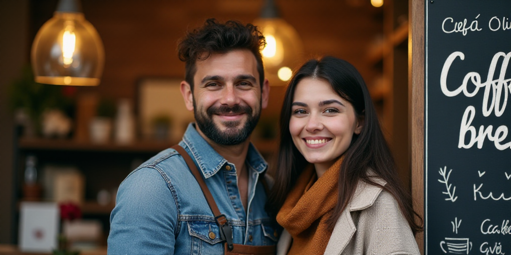 a couple of people standing next to each other in front of a sign that says coffee break with a man