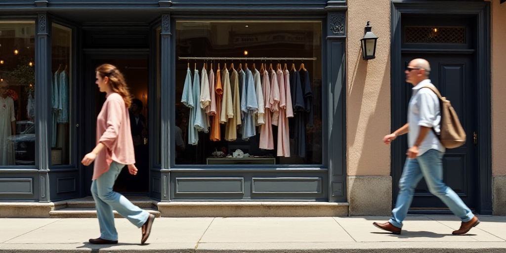 a couple of people walking down a street next to a store front with clothing hanging on a rack and a