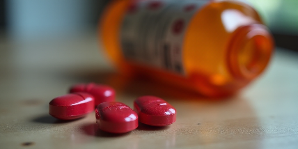 a couple of red pills sitting on top of a table next to a bottle of tylenol and a red pill, Evelyn A