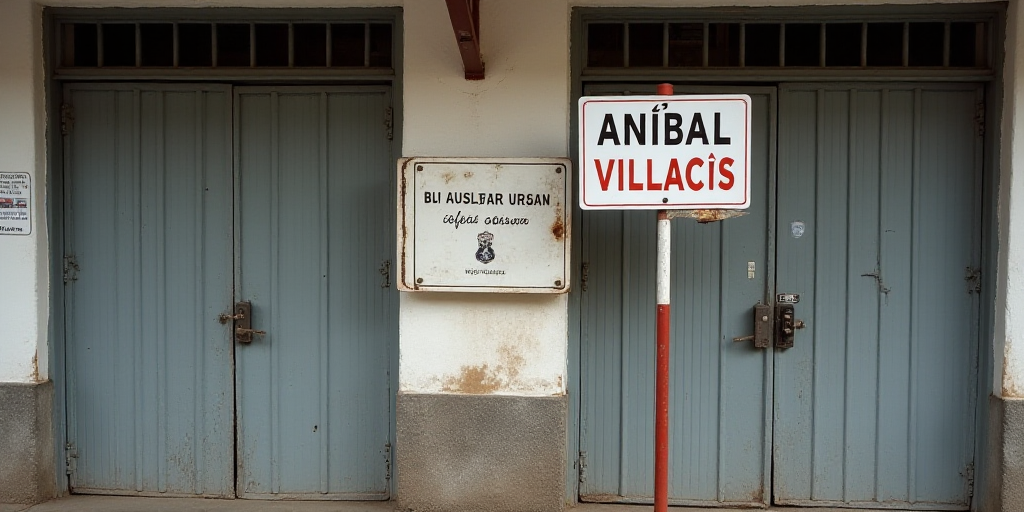 a couple of signs on a pole in front of a building with closed doors and a sign that says,, Aníbal