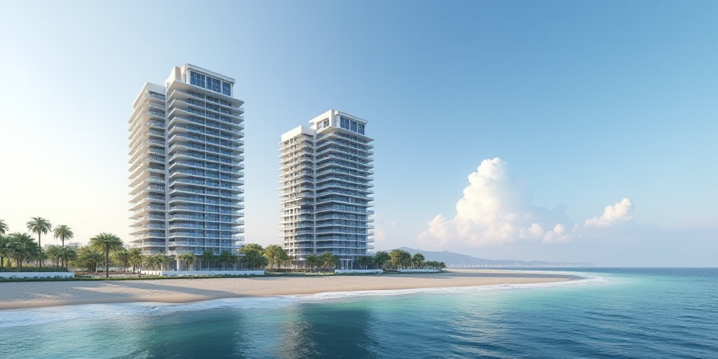 a couple of tall buildings sitting next to each other on a beach near the ocean with a sky backgroun