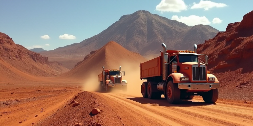 a couple of trucks are parked in front of a mountain side road with a large pile of dirt behind them
