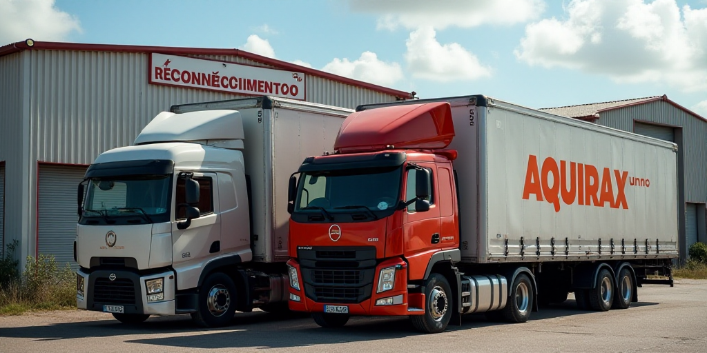 a couple of trucks parked next to each other in front of a building with a sign on it that says reco