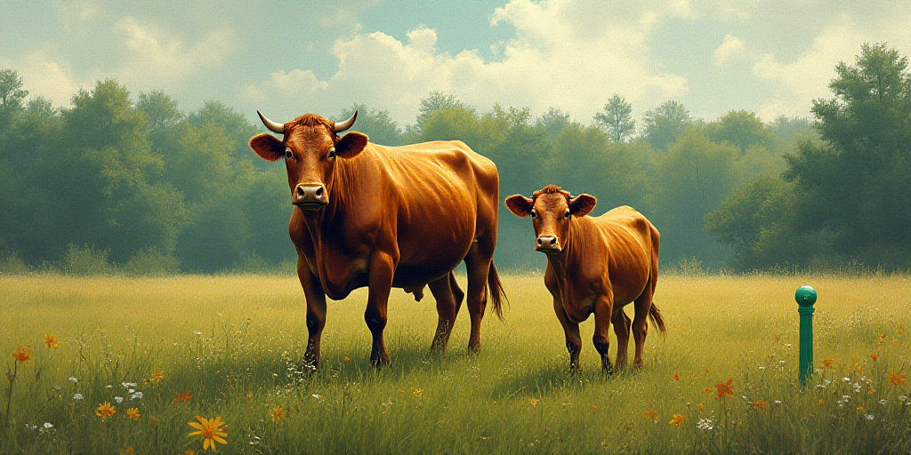 a cow and a calf are standing next to each other in a field of grass and trees, with a green marker