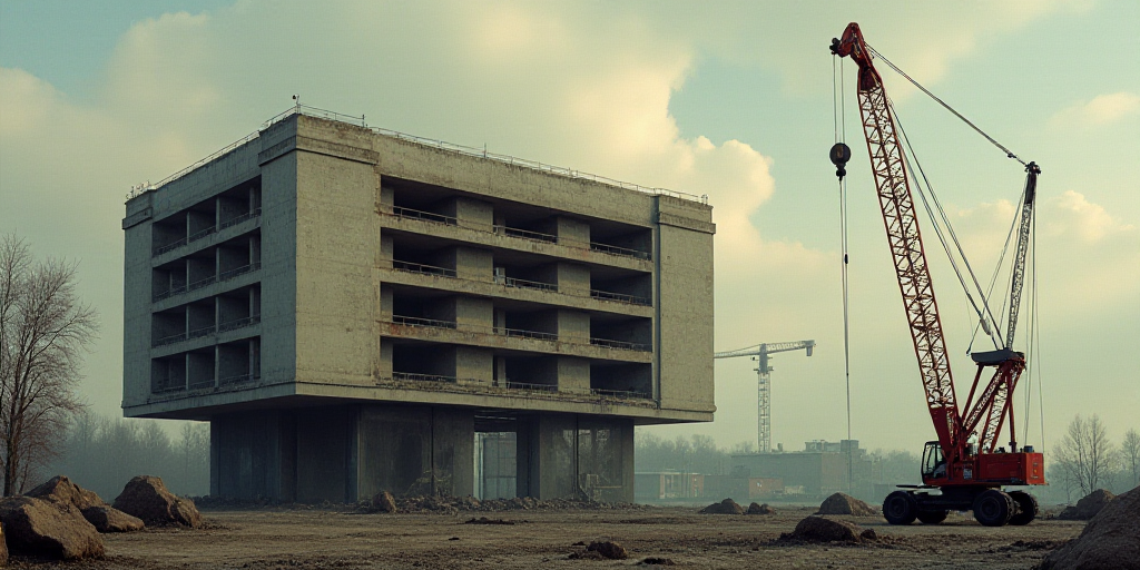 a crane is lifting a building up into the air with a crane on it's side and a building in the backgr