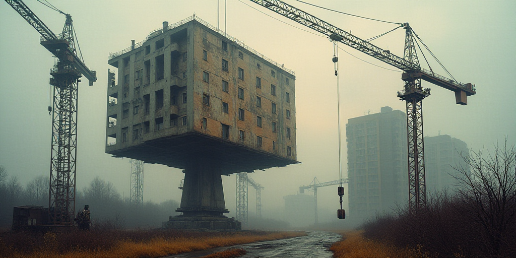 a crane is lifting a building up into the air with a crane on it's side and a building in the backgr