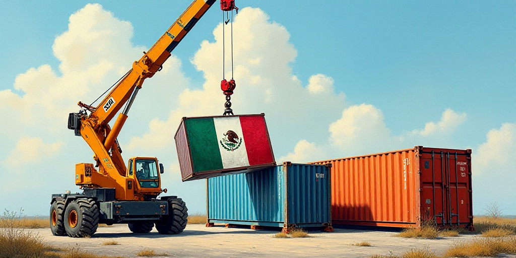 a crane is lifting a container with a flag of mexico on it and a colorful container with a red crane
