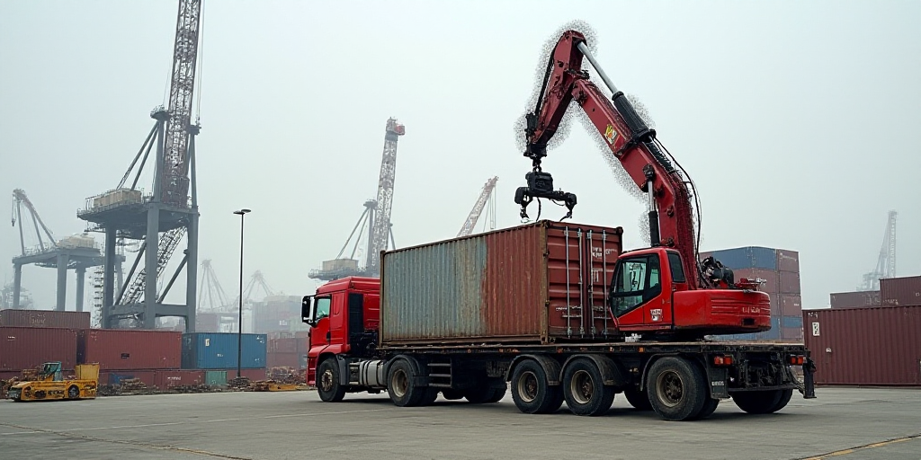 a crane is lifting a container onto a truck bed in a shipping yard with a crane in the background, A