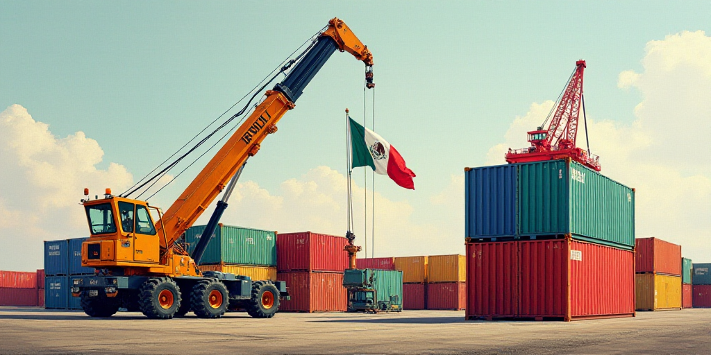 a crane is lifting a container with a flag of mexico on it and a colorful container with a red crane