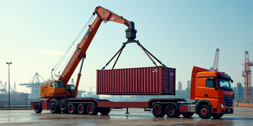 a crane is lifting a container onto a truck bed in a harbor area with a crane nearby on the truck, A