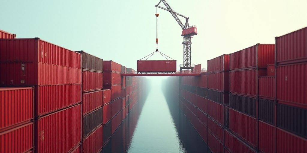 a crane is lifting a large container onto a bridge over a river of containers that are stacked high