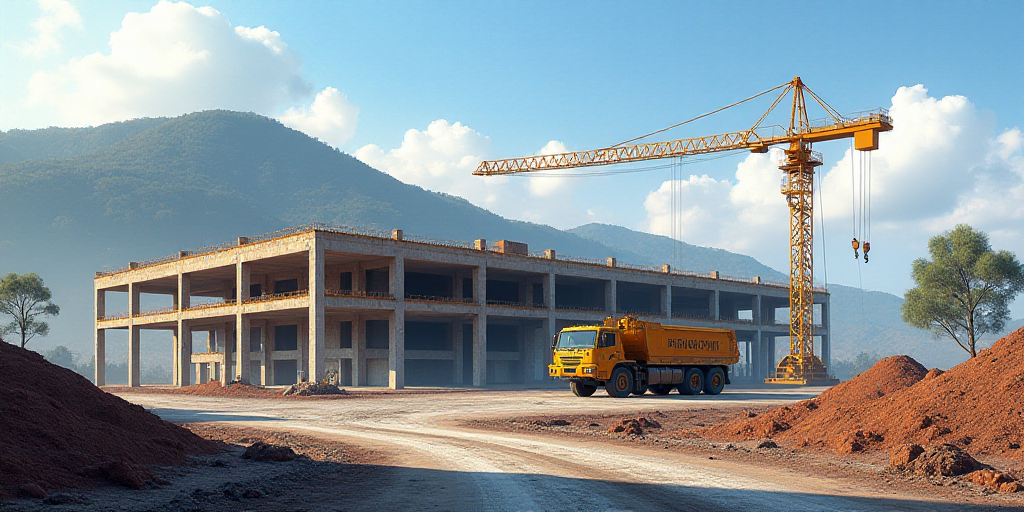 a crane is parked in a construction site with a hill in the background and a building under construc