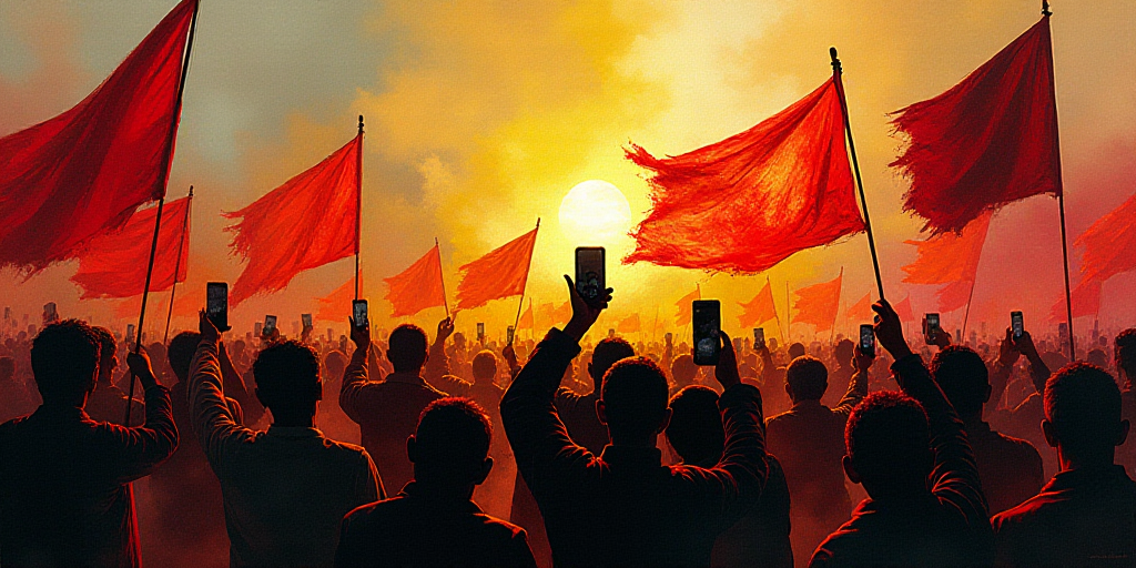 a crowd of people holding flags and taking pictures of them with cell phones and cameras in their ha