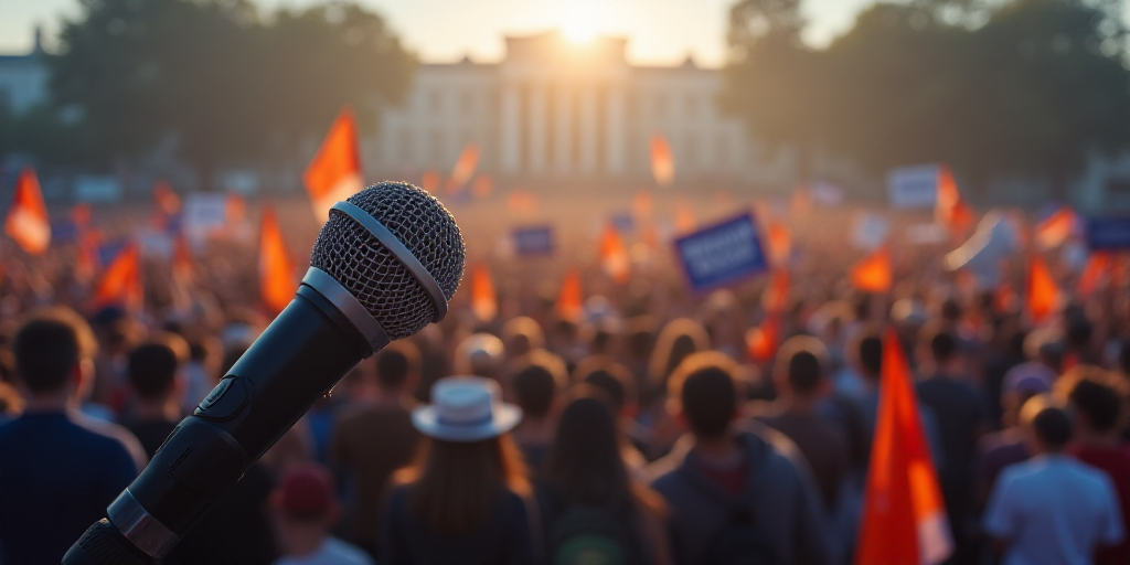 a crowd of people holding signs and flags at a political event with a microphone in the foreground a