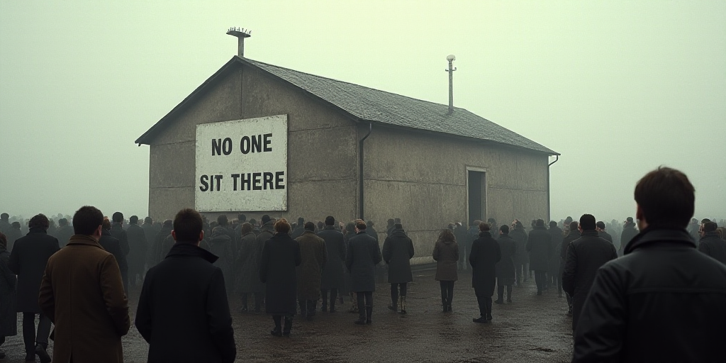 a crowd of people standing around a building with a sign on it's side that says no one is there, And