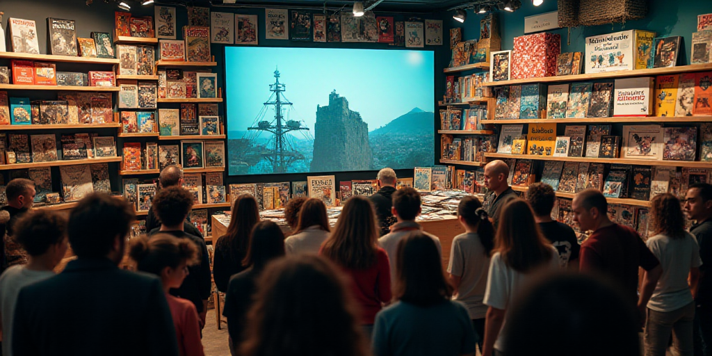 a crowd of people standing around a store filled with books and toys and a tv screen in the corner,
