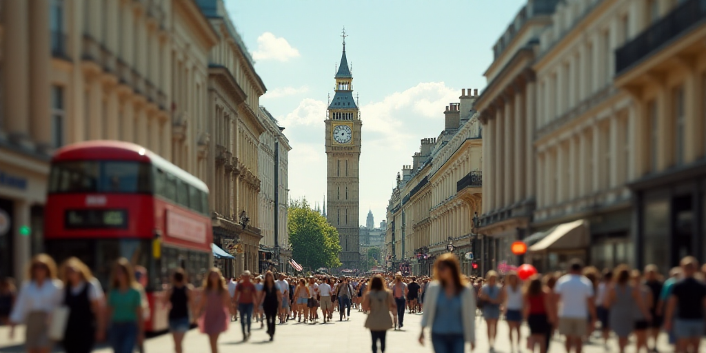 a crowd of people walking down a street next to tall buildings with a clock tower in the background