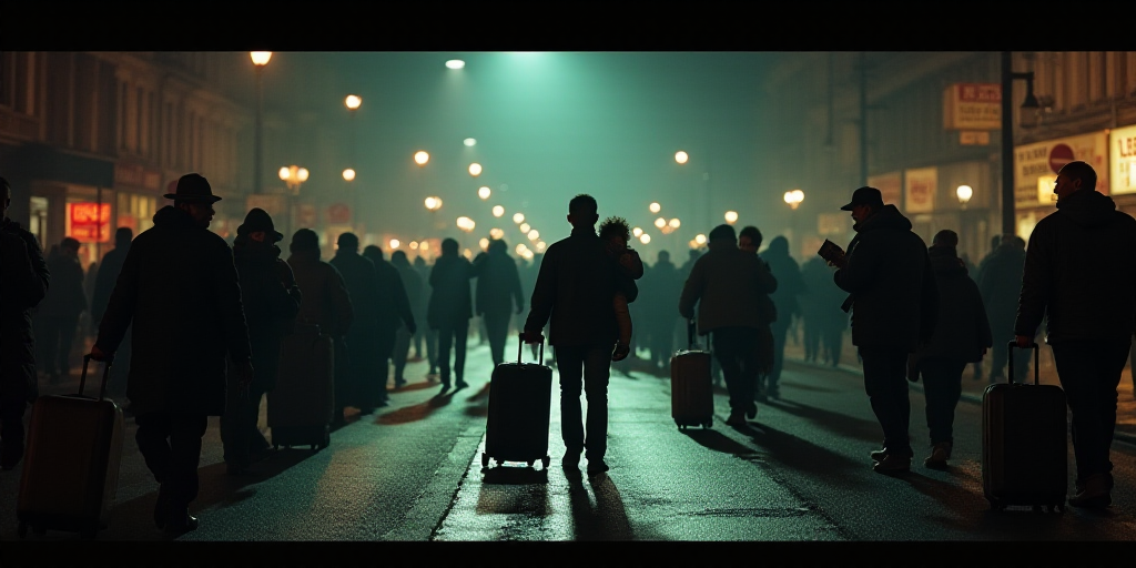 a crowd of people walking down a street at night with luggage bags on wheels and a man carrying a ch