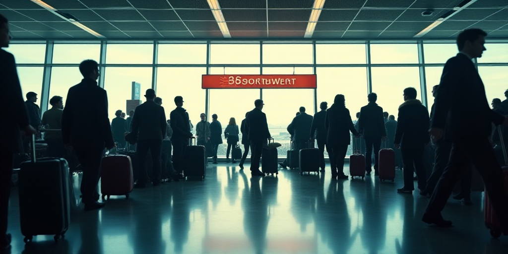 a crowd of people with luggage at an airport terminal with a sign in the background that says soarwe