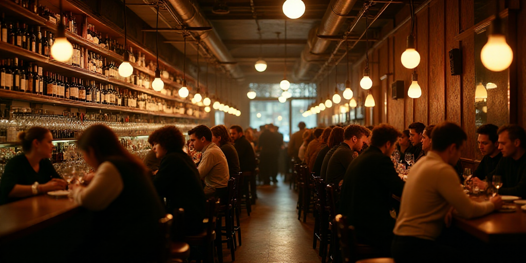 a crowded bar with many people sitting at tables and drinking wine and wine glasses on the shelves a