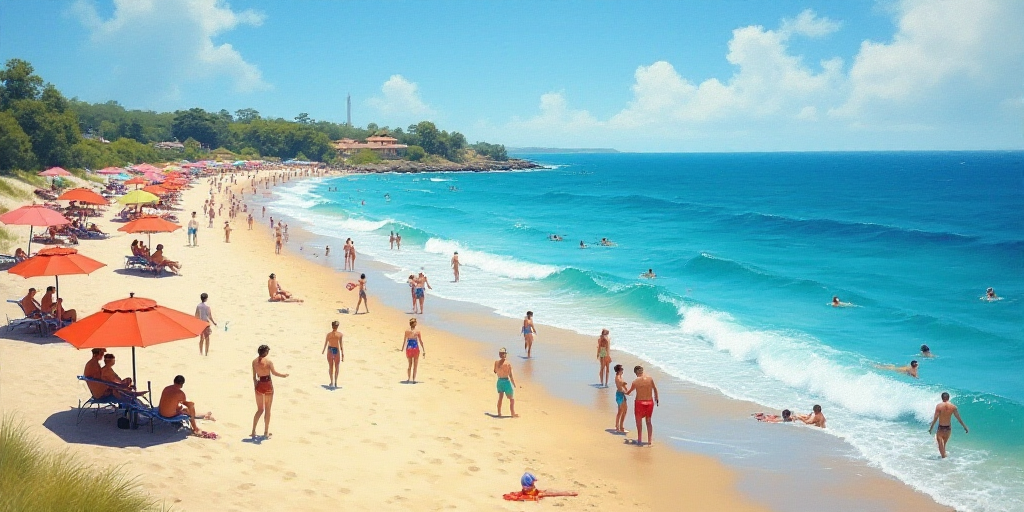a crowded beach with people and umbrellas on a sunny day in the ocean, with blue water and blue sky,