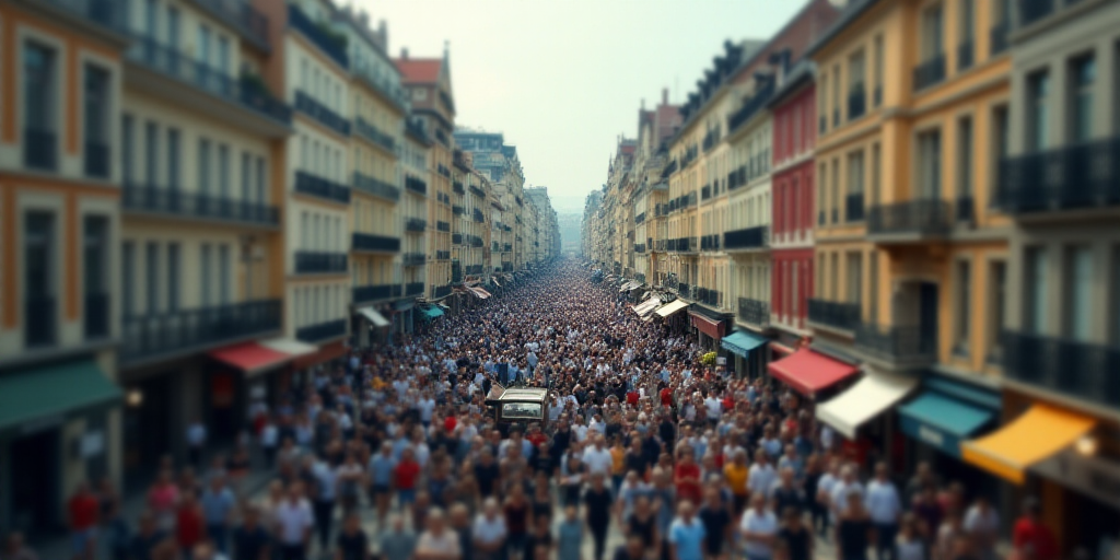 a crowded city street with people walking and walking on it's sides and buildings in the background,