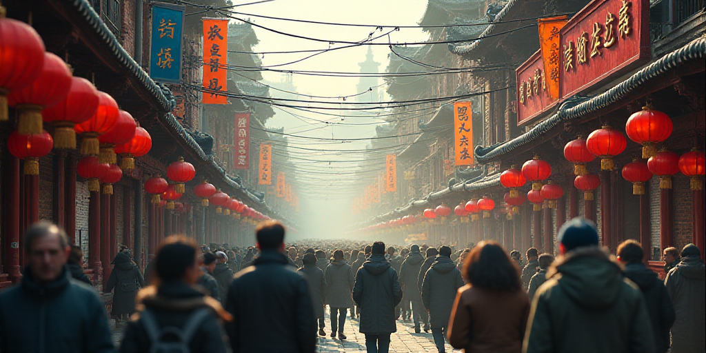 a crowded street with many people walking down it and many signs above them that say chinese charact