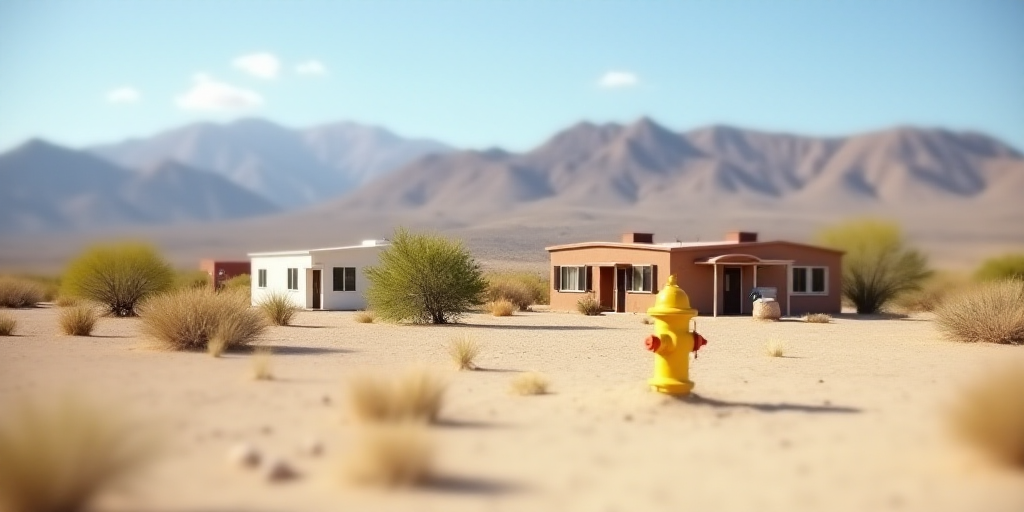 a desert with a few buildings and a yellow fire hydrant in the middle of it and mountains in the bac