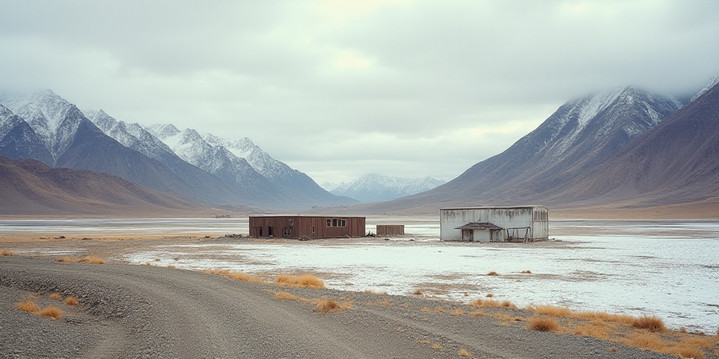a desert with a few structures in the middle of it and mountains in the background, and a few snow c