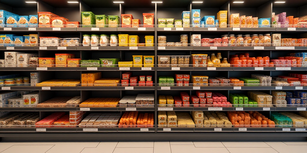 a display of food items in a store shelf with prices on the shelves and prices on the shelves below,