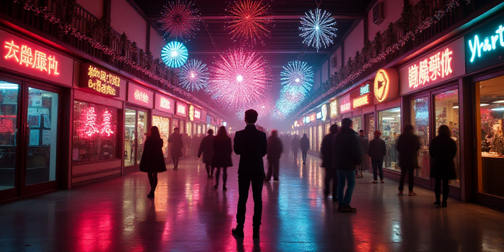 a display of neon signs and decorations in a building with people standing around it and a man stand