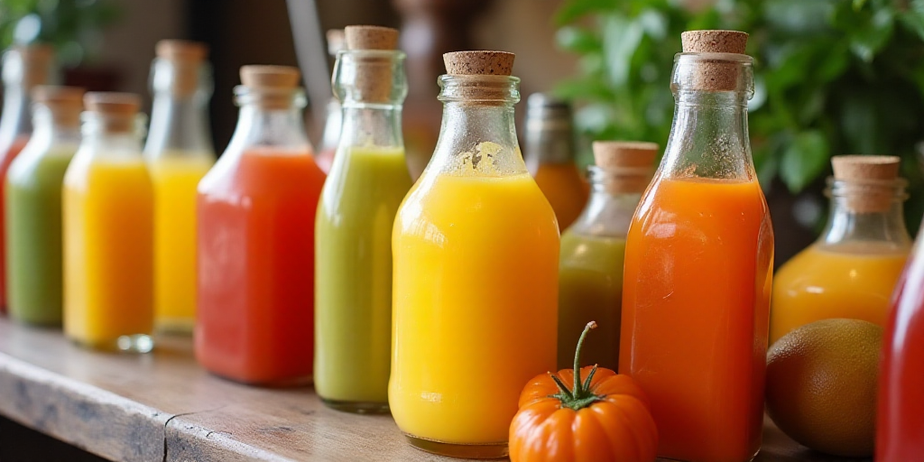 a display of various types of food in bottles and bottles of juices and condiments on a table, Cefer
