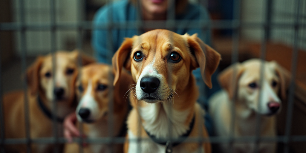 a dog is looking at the camera while being petted by a woman in a cage with other dogs, Elke Vogelsa