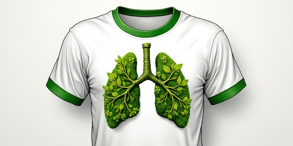 a drawing of a lung made of leaves and plants on a white shirt with a green ribbon around it, Chris