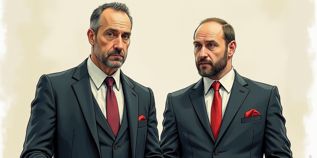 a drawing of two men in suits and ties, one of them is looking at the camera and the other is lookin
