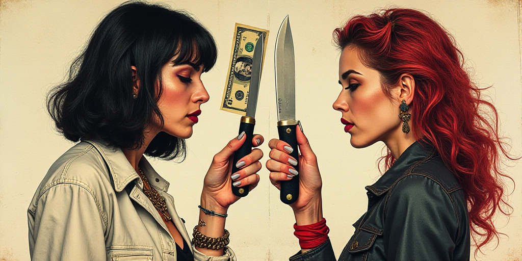 a drawing of two women holding a money bill and a knife in their hands, with a drawing of a man and