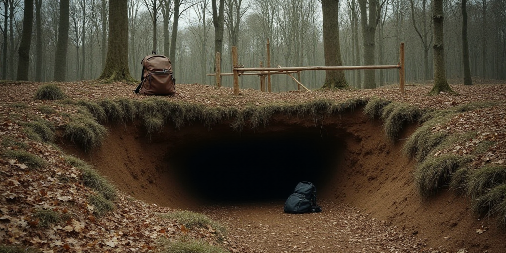 a dug out in the woods with a fence and a backpack on top of it and a backpack on the ground, Afewer