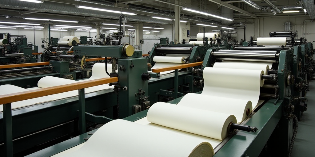 a factory with a lot of machines and rolls of paper on it's conveyor belt and a lot of other machine
