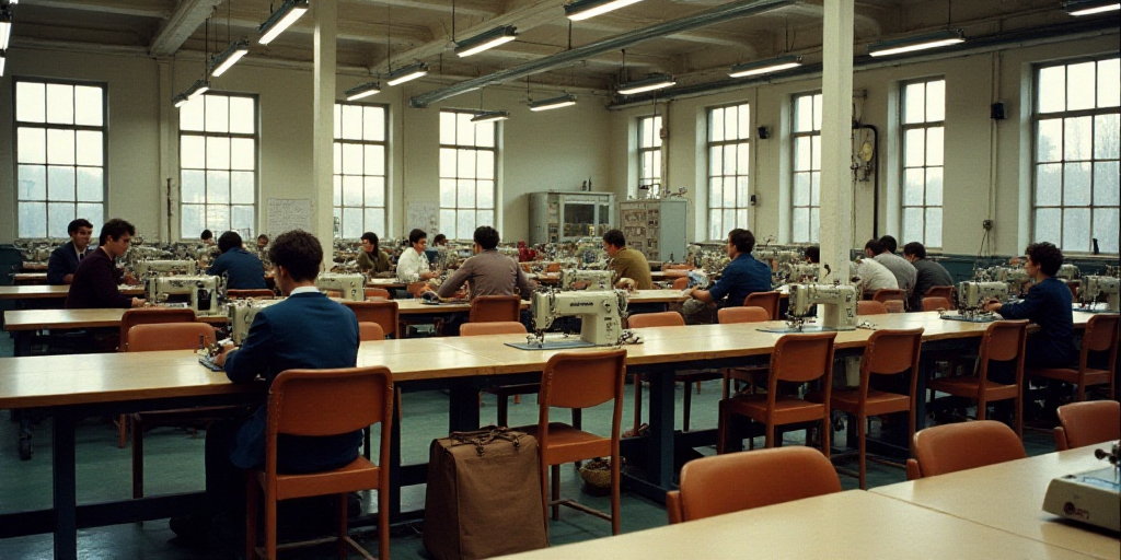 a factory with a lot of people working on sewing machines and bags on the tables and chairs in front