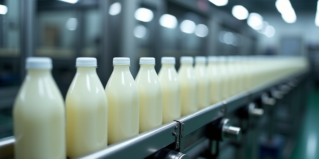 a factory with many bottles of milk on a conveyor belt and a conveyor belt with a conveyor belt, Eng