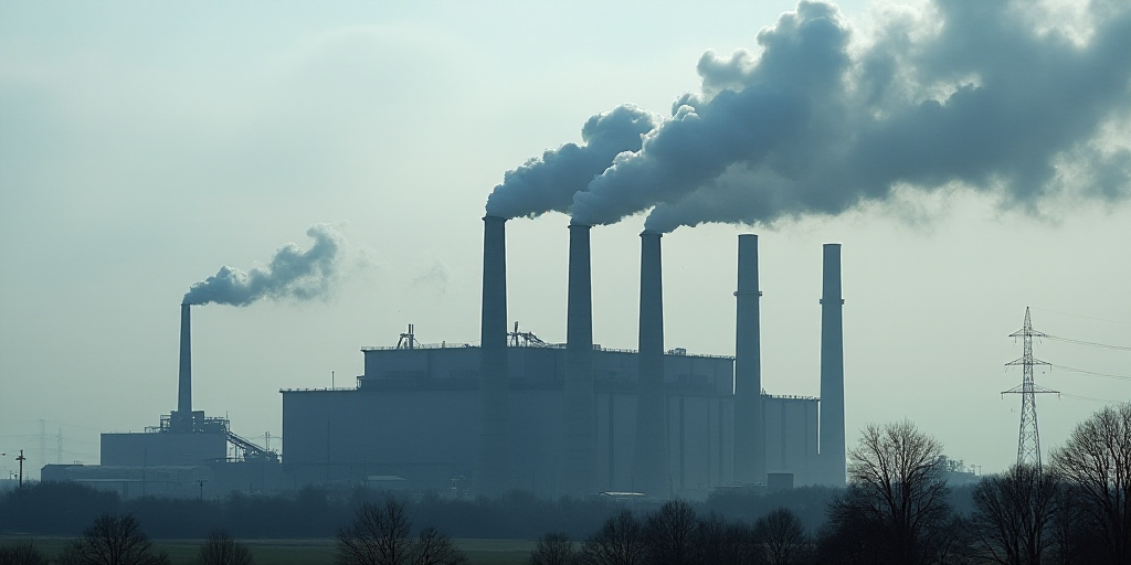 a factory with smoke stacks and smoke stacks rising from it's stacks of smoke and steam rising from