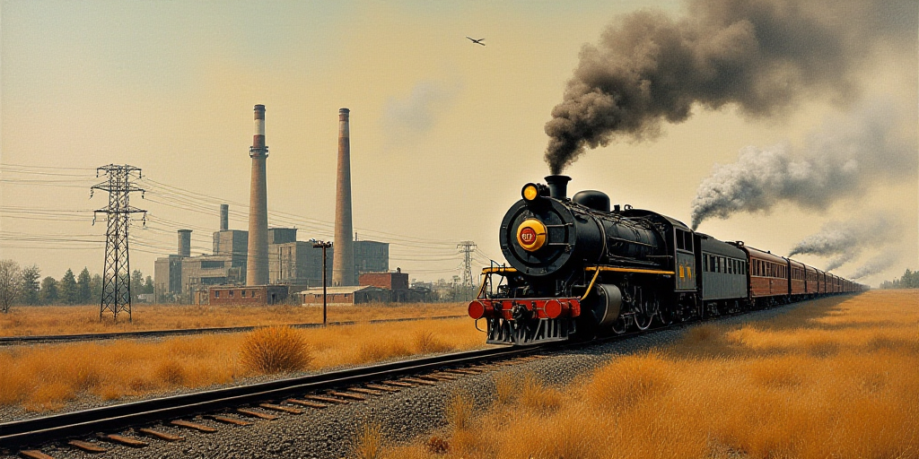 a factory with smoke stacks and power lines in the background and a train on the tracks in the foreg