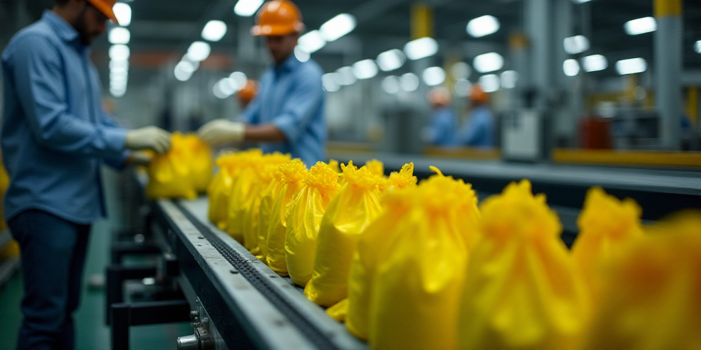 a factory with workers and yellow bags on the conveyor belt and a conveyor belt in the background, C